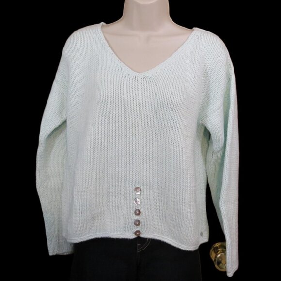 Pure Handknit Seafoam Green V-Neck Sweater 100% Cotton Button Details Medium - Picture 1 of 9